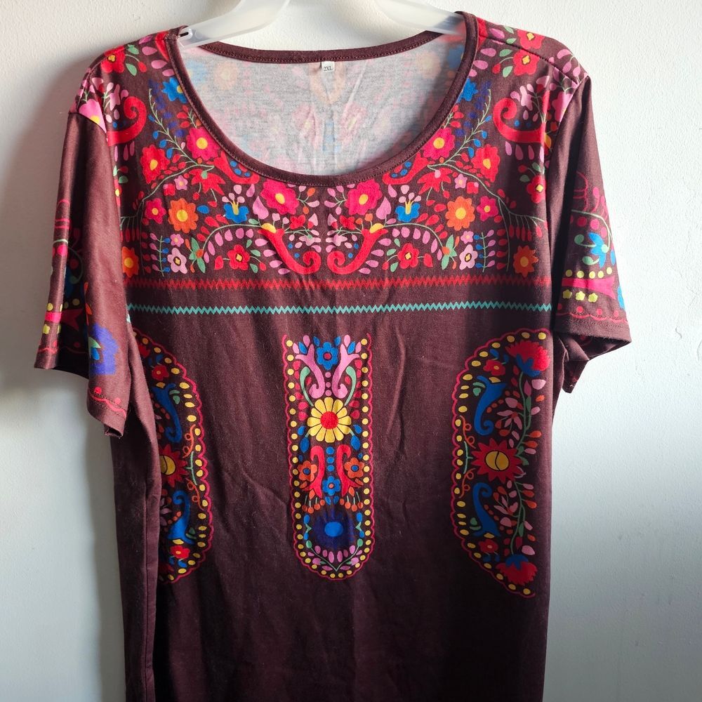 Mexican Brown Multicolor Floral Blouse Plus Size 2X